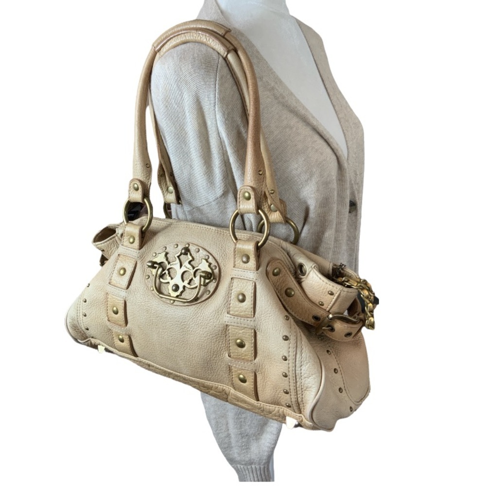 Betsey Johnson vintage 100% leather cream studded leopard print satchel purse